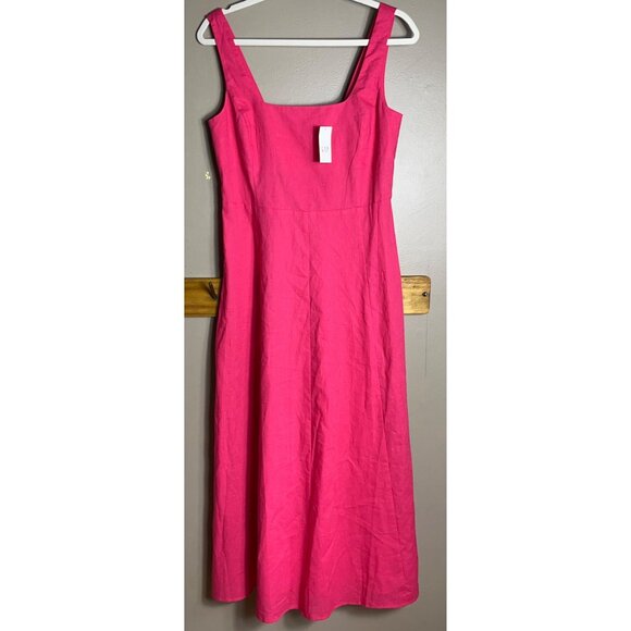 NWT Gap Dress Linen-Blend Square Neck Midi Raspberry Pink Fuchsia A-line Women S - Picture 2 of 9